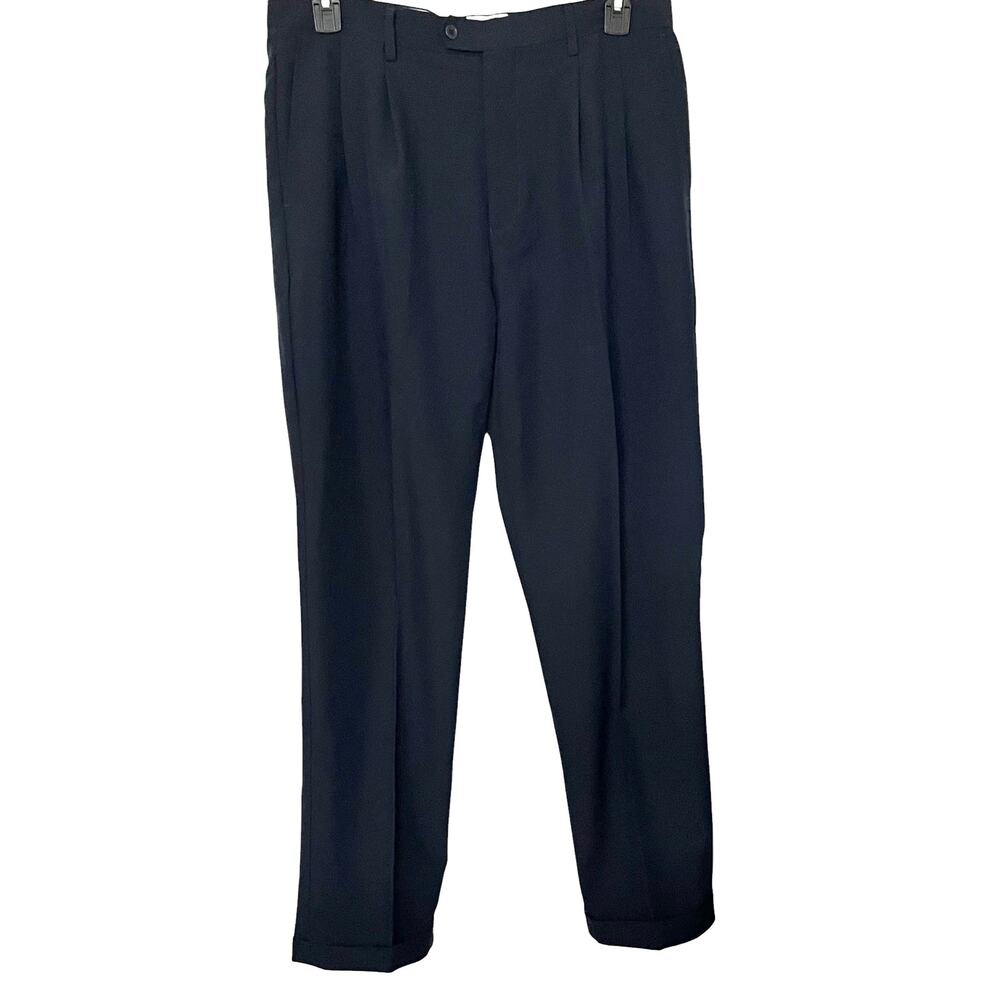 RON CHERESKIN HI-RISE CUFFED FRONT PLEAT DRESS PANTS, MENS, 36X32, BLACK, ZIP